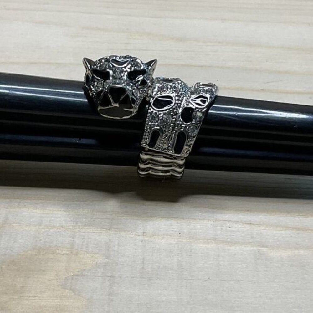 Panther Head Wrap Ring With Crystal Accents Silver-Tone Adjustable
